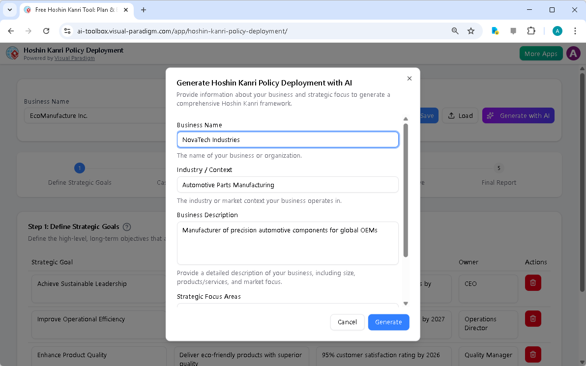 This is the screenshot of Visual Paradigm's AI-Powered Hoshin Kanri Policy Deployment Tool. It is now at AI generation screen