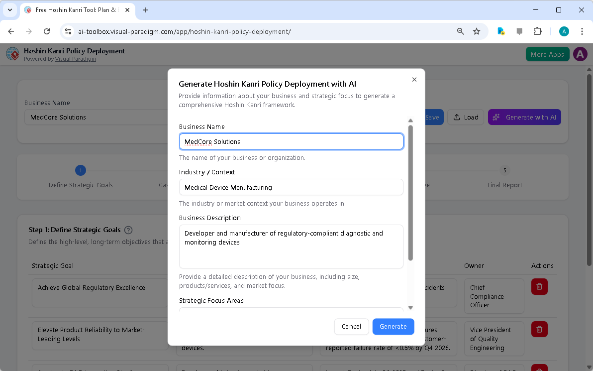 This is the screenshot of Visual Paradigm's AI-Powered Hoshin Kanri Policy Deployment Tool. It is now at AI generation screen