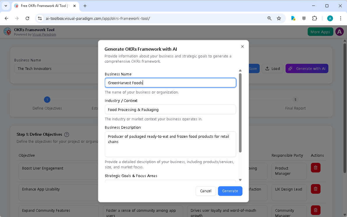 This is the screenshot of Visual Paradigm's AI-Powered OKRs Framework Tool. It is now at AI generation screen, where the user