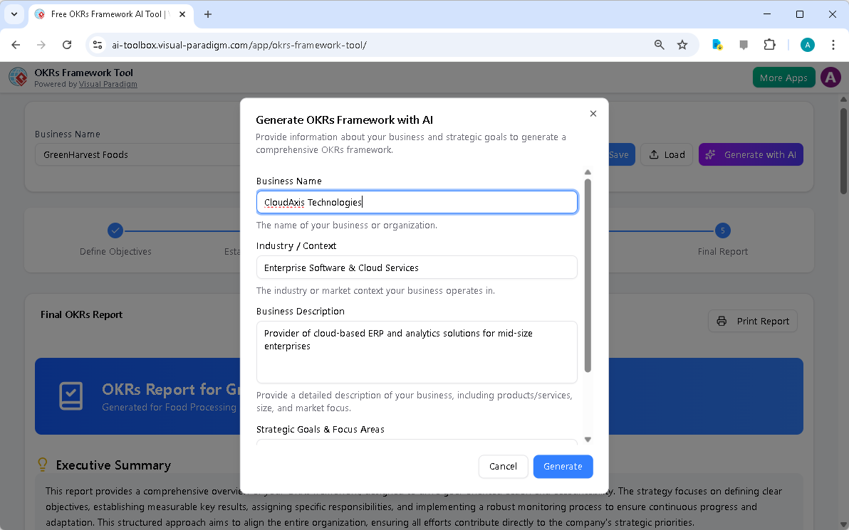 This is the screenshot of Visual Paradigm's AI-Powered OKRs Framework Tool. It is now at AI generation screen, where the user