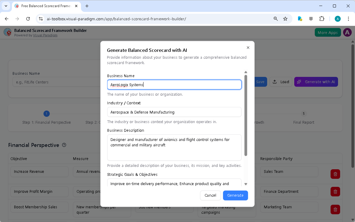 This is the screenshot of Visual Paradigm's AI-Powered Balanced Scorecard Framework Builder. It is now at AI generation scree