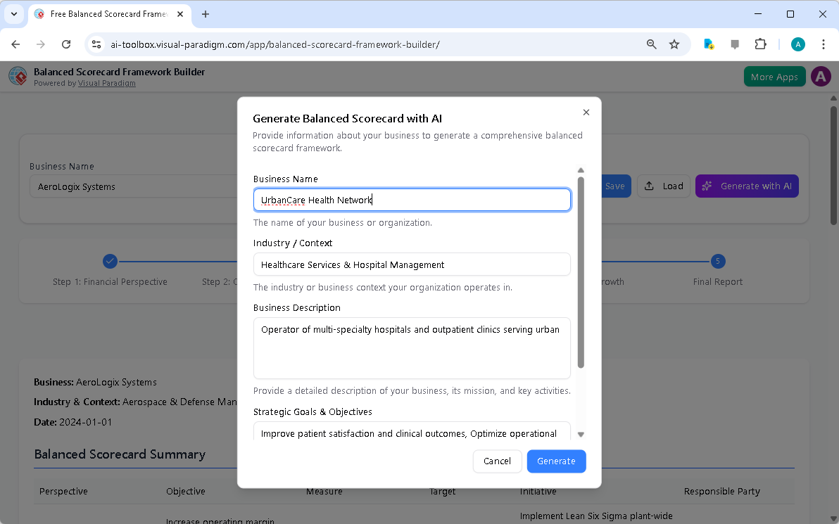 This is the screenshot of Visual Paradigm's AI-Powered Balanced Scorecard Framework Builder. It is now at AI generation scree