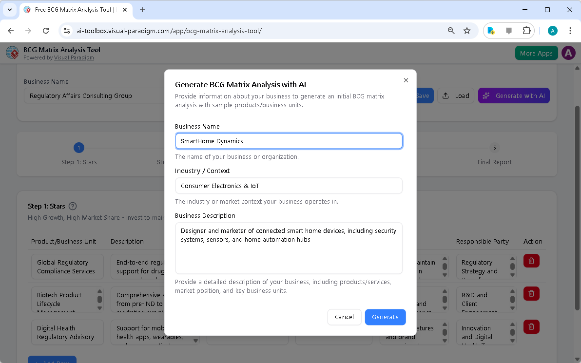 This is the screenshot of Visual Paradigm's AI-Powered BCG Matrix Analysis Tool. It is now at AI generation screen, where the