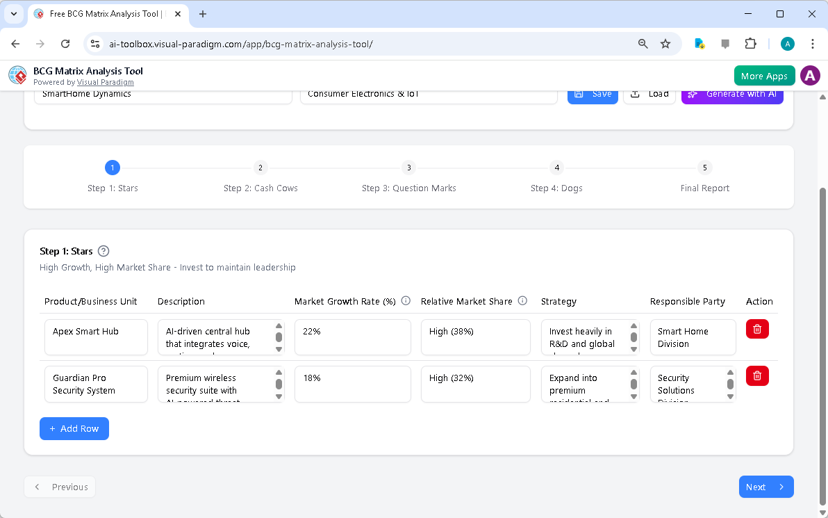 This is the screenshot of Visual Paradigm's AI-Powered BCG Matrix Analysis Tool. The initial data is generated by AI and it i