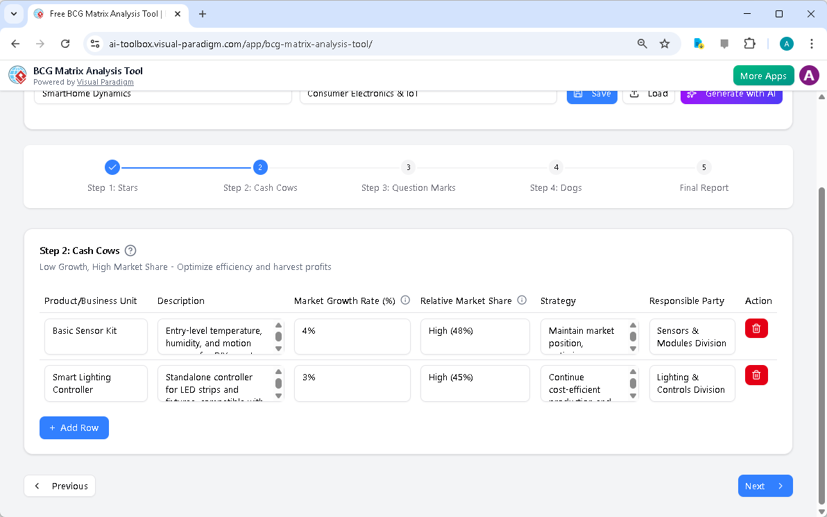 This is the screenshot of Visual Paradigm's AI-Powered BCG Matrix Analysis Tool. It is now at step 2 - Professional online di