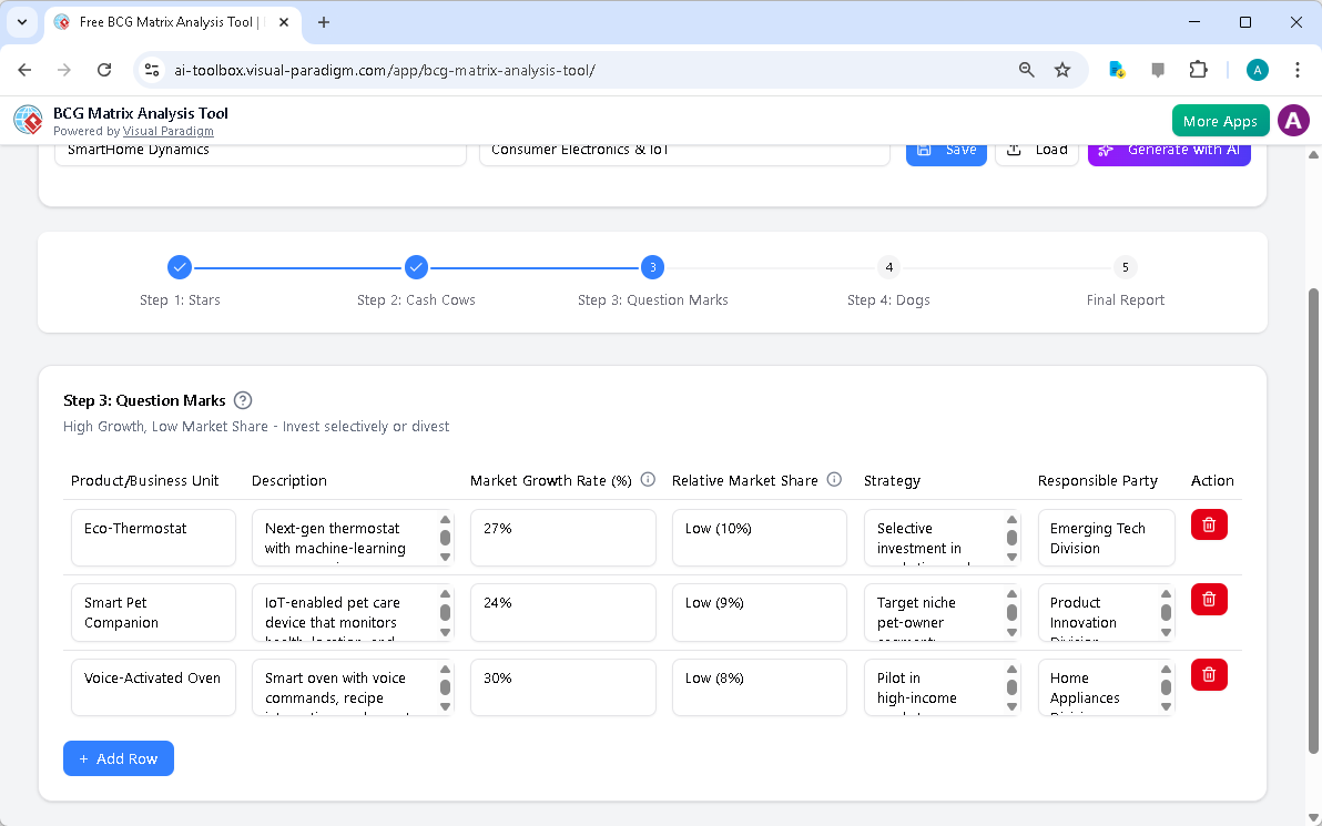 This is the screenshot of Visual Paradigm's AI-Powered BCG Matrix Analysis Tool. It is now at step 3 - Professional online di