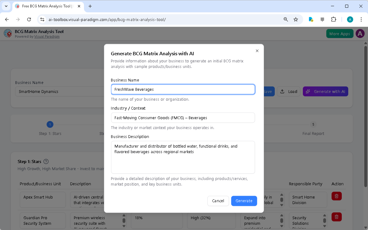 This is the screenshot of Visual Paradigm's AI-Powered BCG Matrix Analysis Tool. It is now at AI generation screen, where the