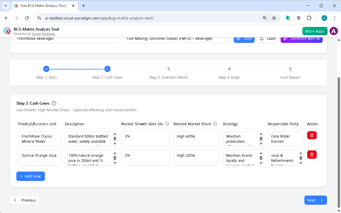 This is the screenshot of Visual Paradigm's AI-Powered BCG Matrix Analysis Tool. It is now at step 2 - Professional online di