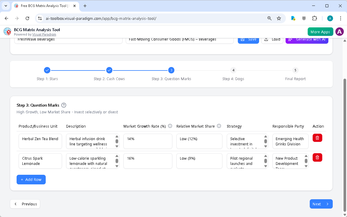 This is the screenshot of Visual Paradigm's AI-Powered BCG Matrix Analysis Tool. It is now at step 3 - Professional online di