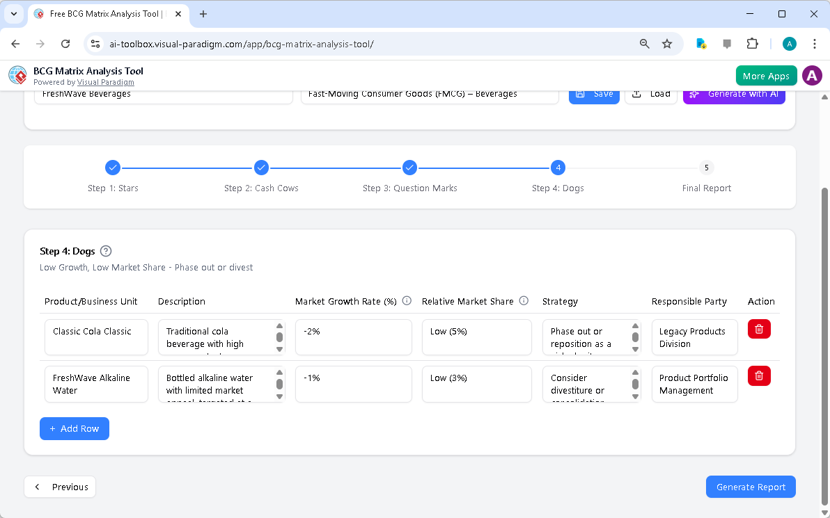This is the screenshot of Visual Paradigm's AI-Powered BCG Matrix Analysis Tool. It is now at step 4 - Professional online di