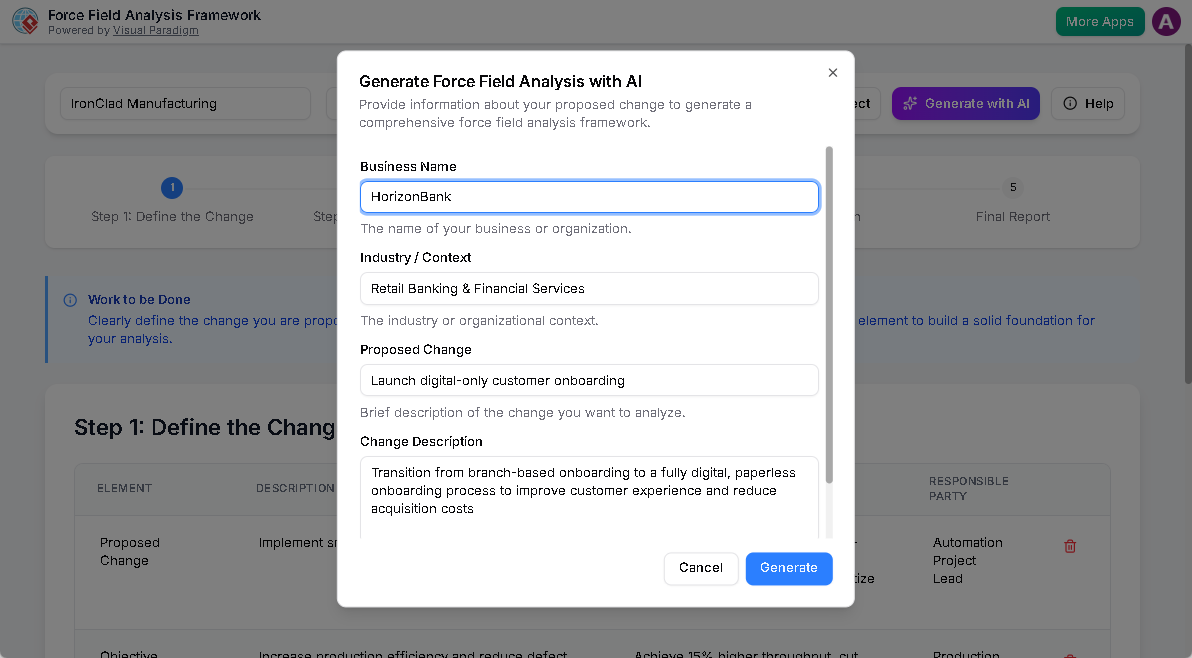 This is the screenshot of Visual Paradigm's AI-Powered Force Field Analysis Framework Tool. It is now at AI generation screen