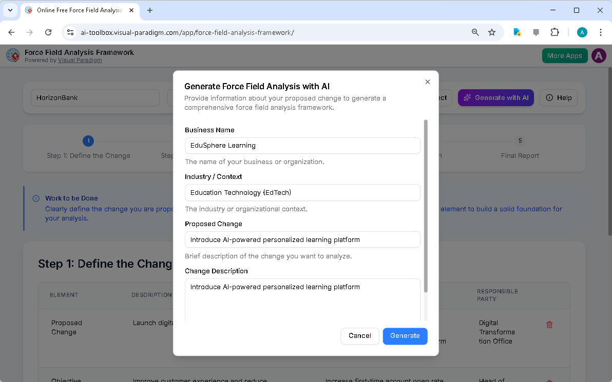 This is the screenshot of Visual Paradigm's AI-Powered Force Field Analysis Framework Tool. It is now at AI generation screen