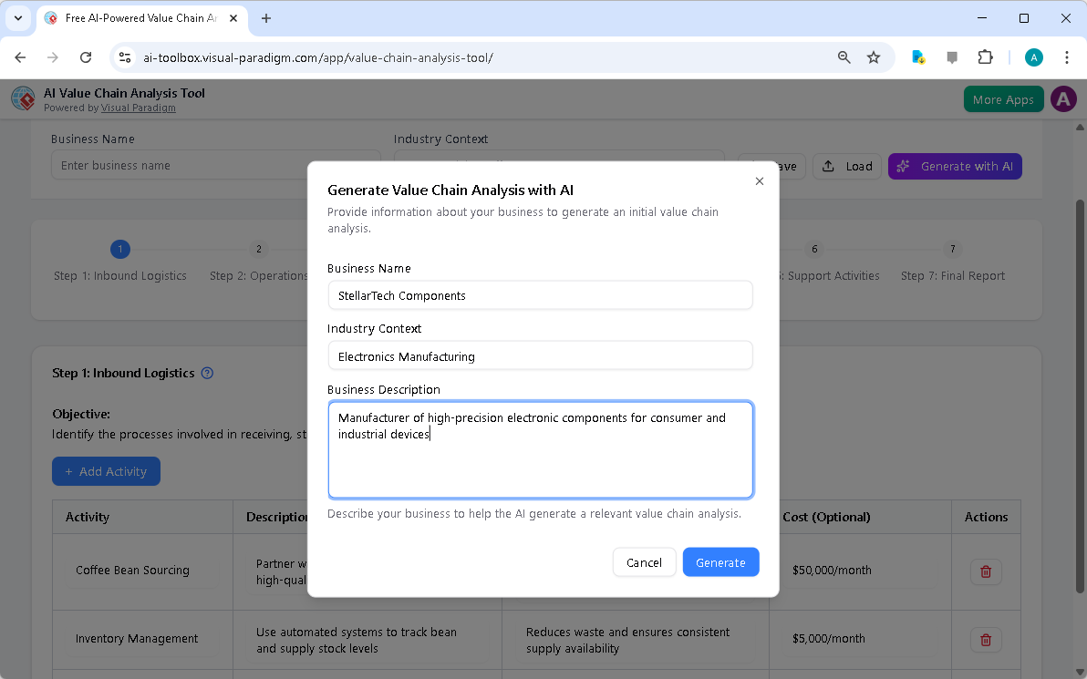This is the screenshot of Visual Paradigm's AI-Powered Value Chain Analysis Tool. It is now at AI generation screen, where th