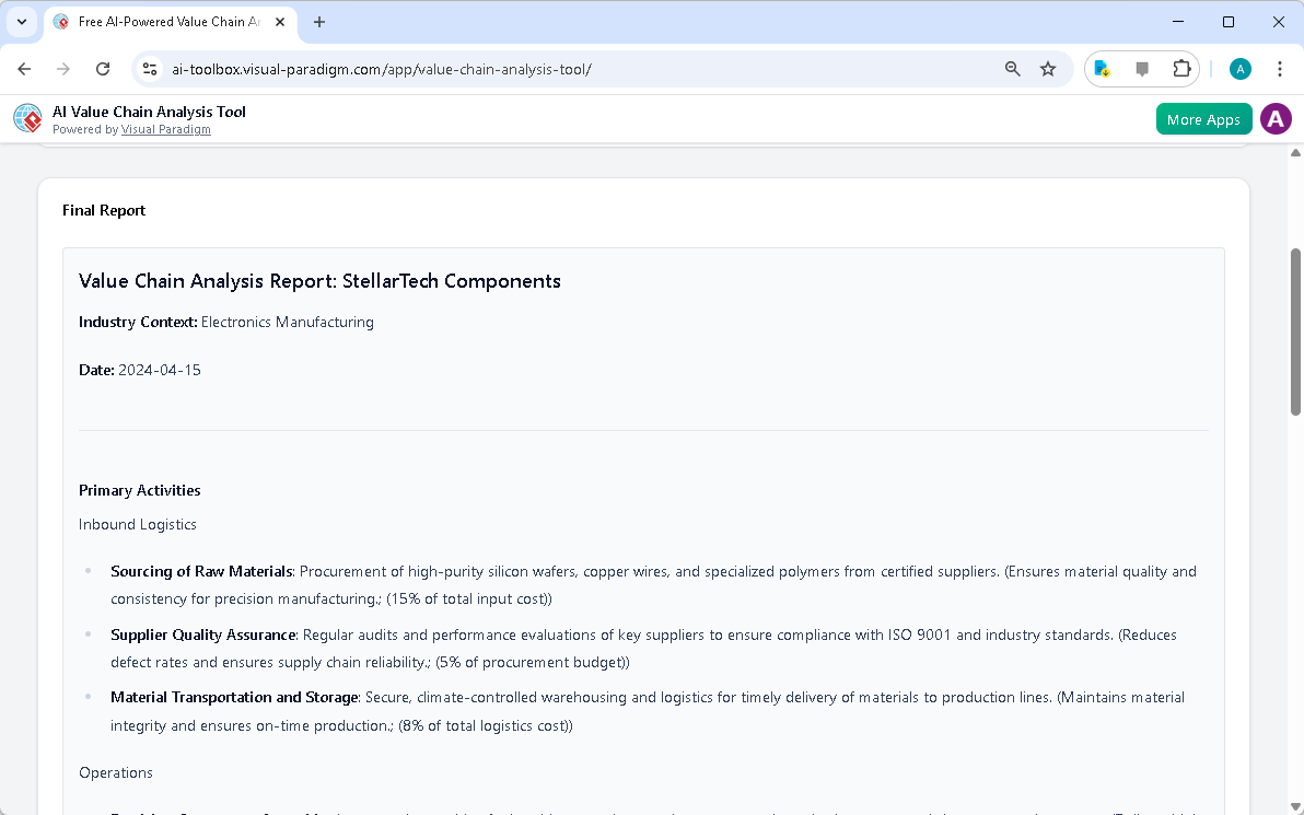 This is the screenshot of Visual Paradigm's AI-Powered Value Chain Analysis Tool. It is now at step 7. A report is produced t