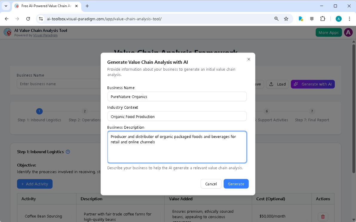 This is the screenshot of Visual Paradigm's AI-Powered Value Chain Analysis Tool. It is now at AI generation screen, where th