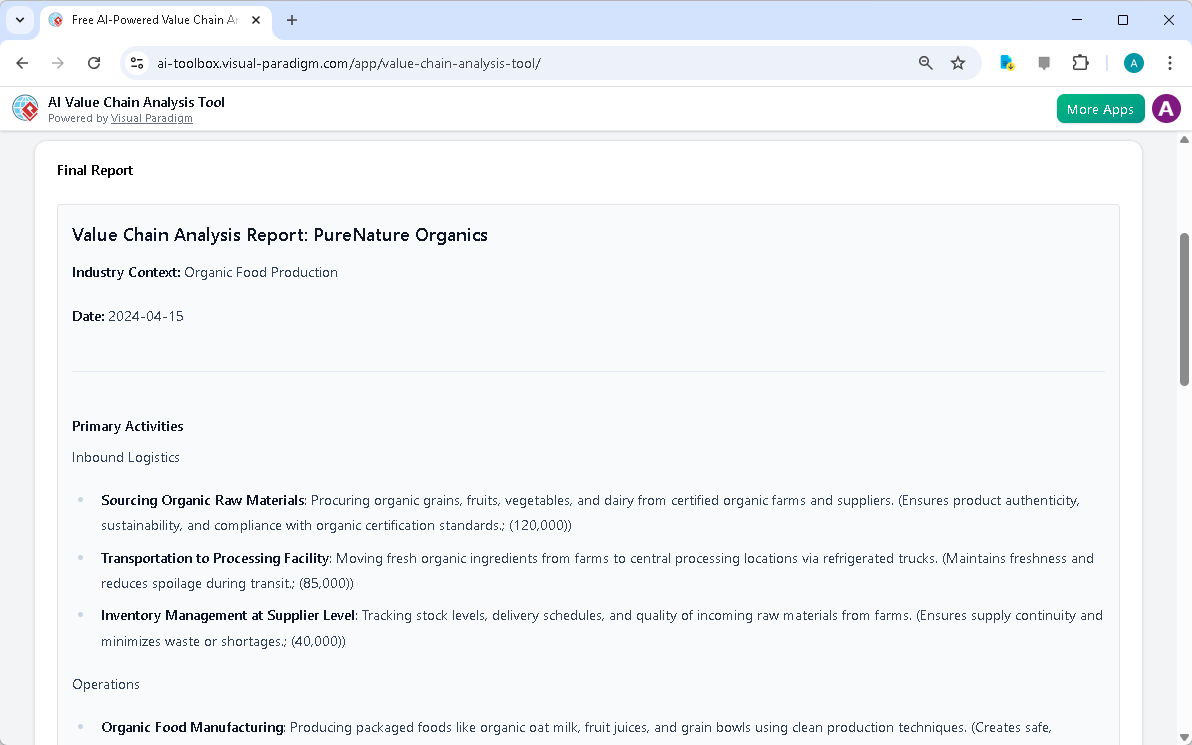 This is the screenshot of Visual Paradigm's AI-Powered Value Chain Analysis Tool. It is now at step 7. A report is produced t