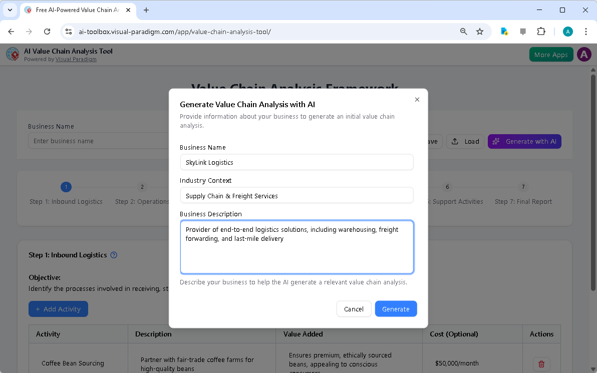 This is the screenshot of Visual Paradigm's AI-Powered Value Chain Analysis Tool. It is now at AI generation screen, where th