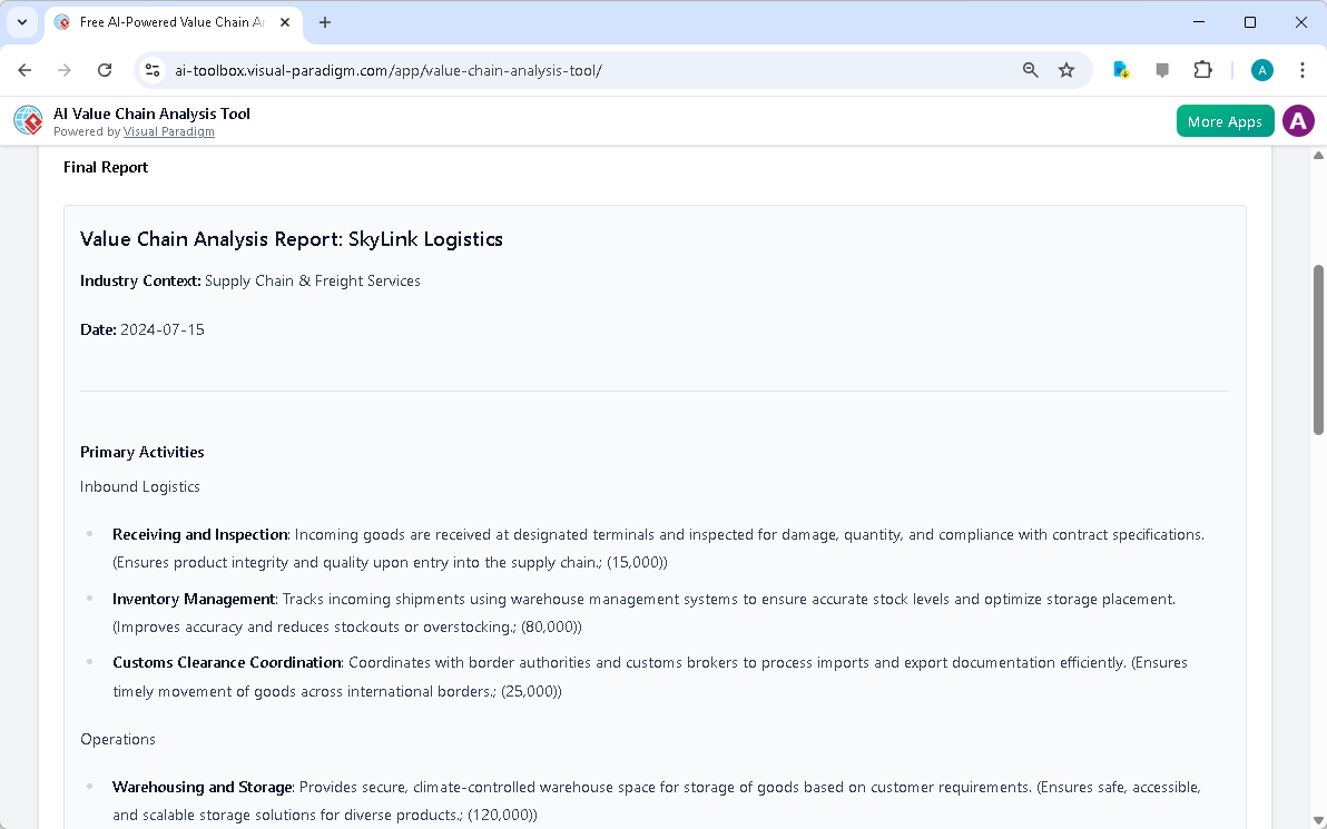 This is the screenshot of Visual Paradigm's AI-Powered Value Chain Analysis Tool. It is now at step 7. A report is produced t