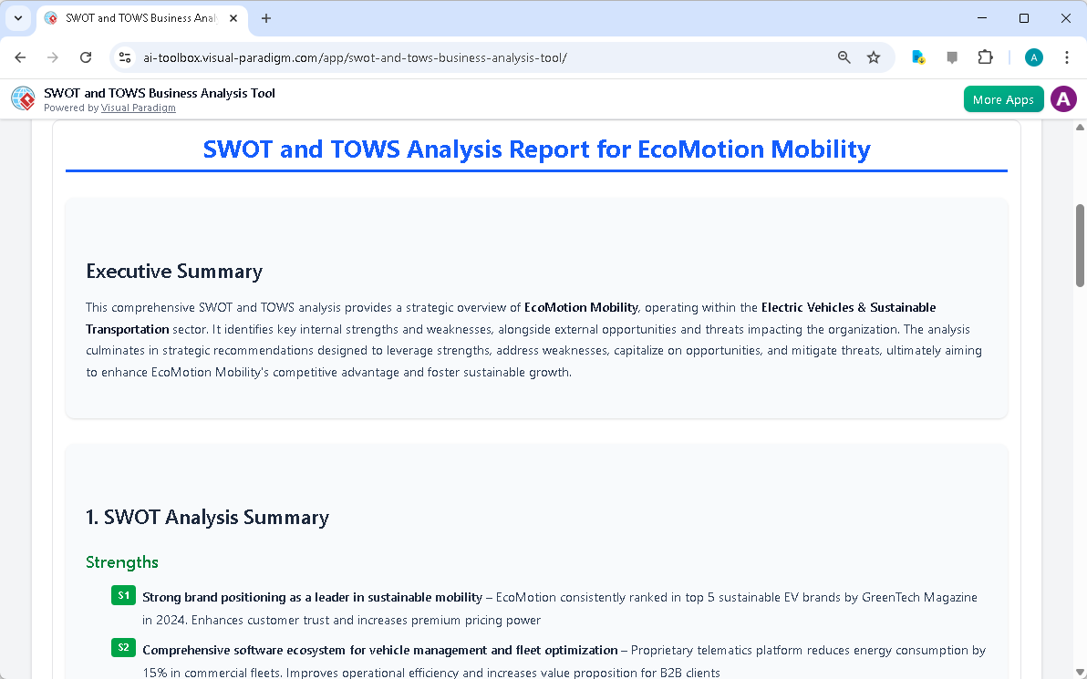 This is the screenshot of Visual Paradigm's AI-Powered SWOT-TOWS Business Analysis Tool. It is now at step 6. A report is pro