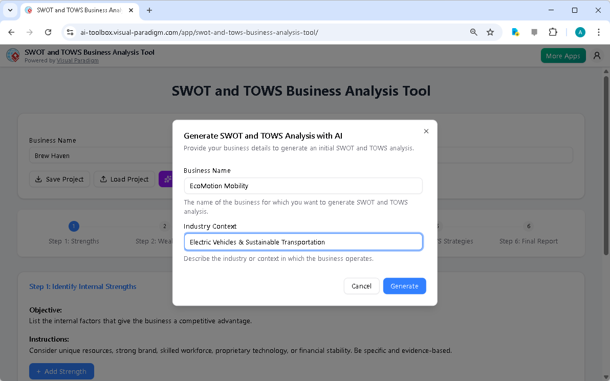 This is the screenshot of Visual Paradigm's AI-Powered SWOT-TOWS Business Analysis Tool. It is now at AI generation screen, w