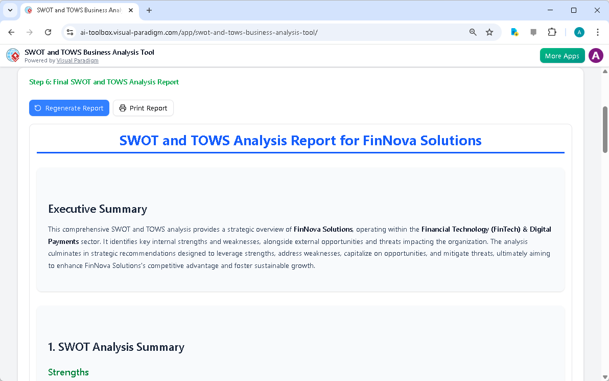 This is the screenshot of Visual Paradigm's AI-Powered SWOT-TOWS Business Analysis Tool. It is now at step 6. A report is pro