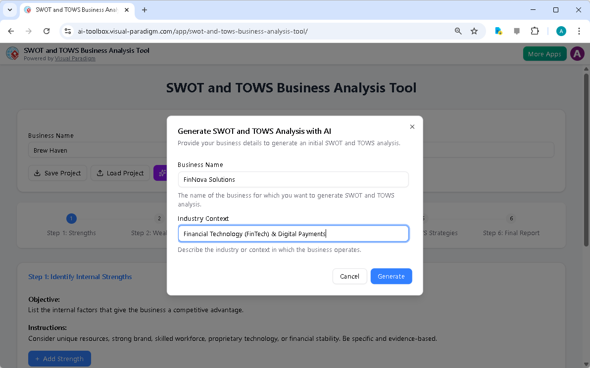 This is the screenshot of Visual Paradigm's AI-Powered SWOT-TOWS Business Analysis Tool. It is now at AI generation screen, w