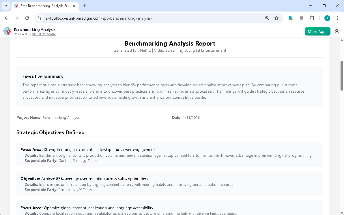 This is the screenshot of Visual Paradigm's AI-Powered Benchmarking Analysis Tool. It is now at step 5. A report is produced 
