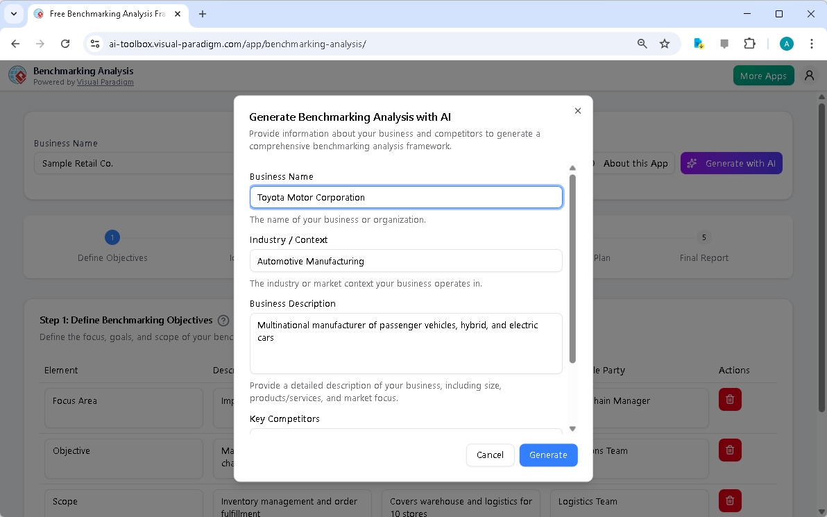 This is the screenshot of Visual Paradigm's AI-Powered Benchmarking Analysis Tool. It is now at AI generation screen, where t