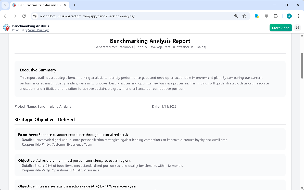 This is the screenshot of Visual Paradigm's AI-Powered Benchmarking Analysis Tool. It is now at step 5. A report is produced