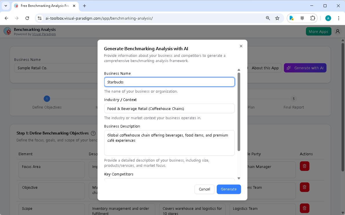 This is the screenshot of Visual Paradigm's AI-Powered Benchmarking Analysis Tool. It is now at AI generation screen, where t
