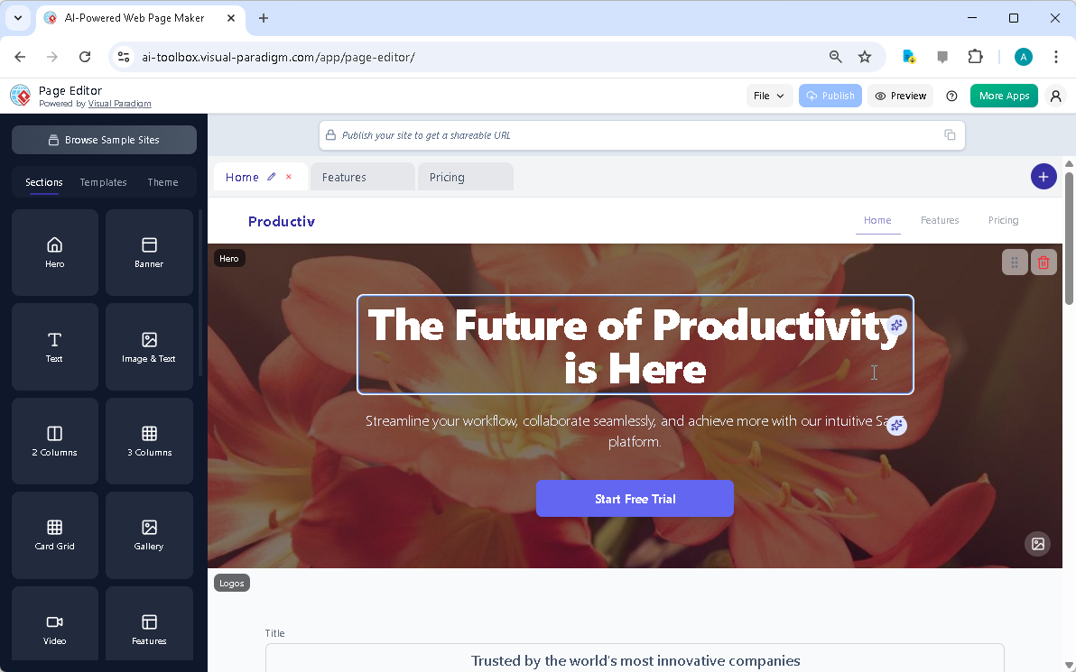 This is the screenshot of AI-Powered Page Editor (for building website), for a website about an SaaS product. - Professional 