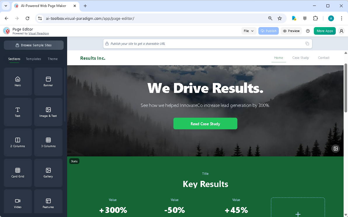 This is the screenshot of AI-Powered Page Editor (for building website), for the landing page about the results of a case stu