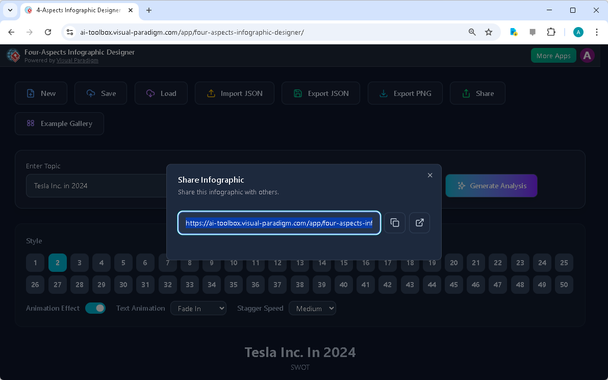 This is the screenshot of Visual Paradigm’s AI-Powered Four Aspects Infographic Designer. It shows the share screen - user ca