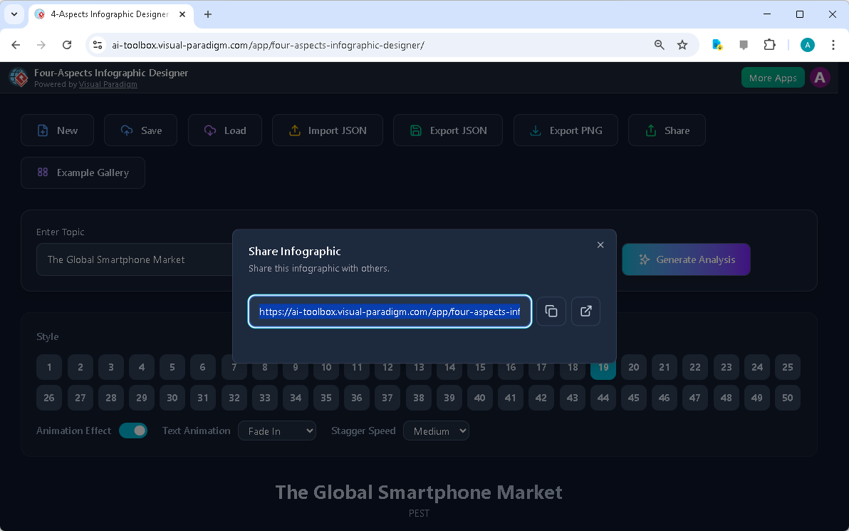 This is the screenshot of Visual Paradigm’s AI-Powered Four Aspects Infographic Designer. It shows the share screen - user ca