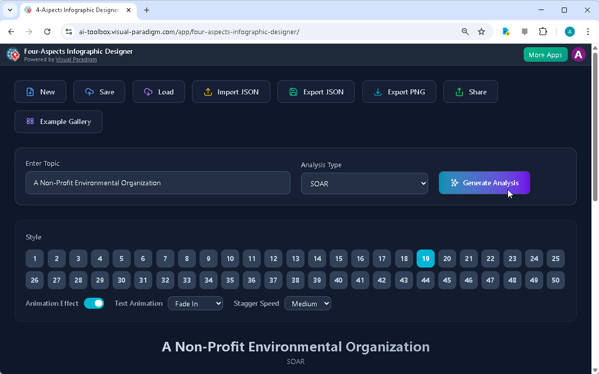 Visual Paradigm’s AI-Powered Four Aspects Infographic Designer's landing screen, where users begin by entering a brief descri