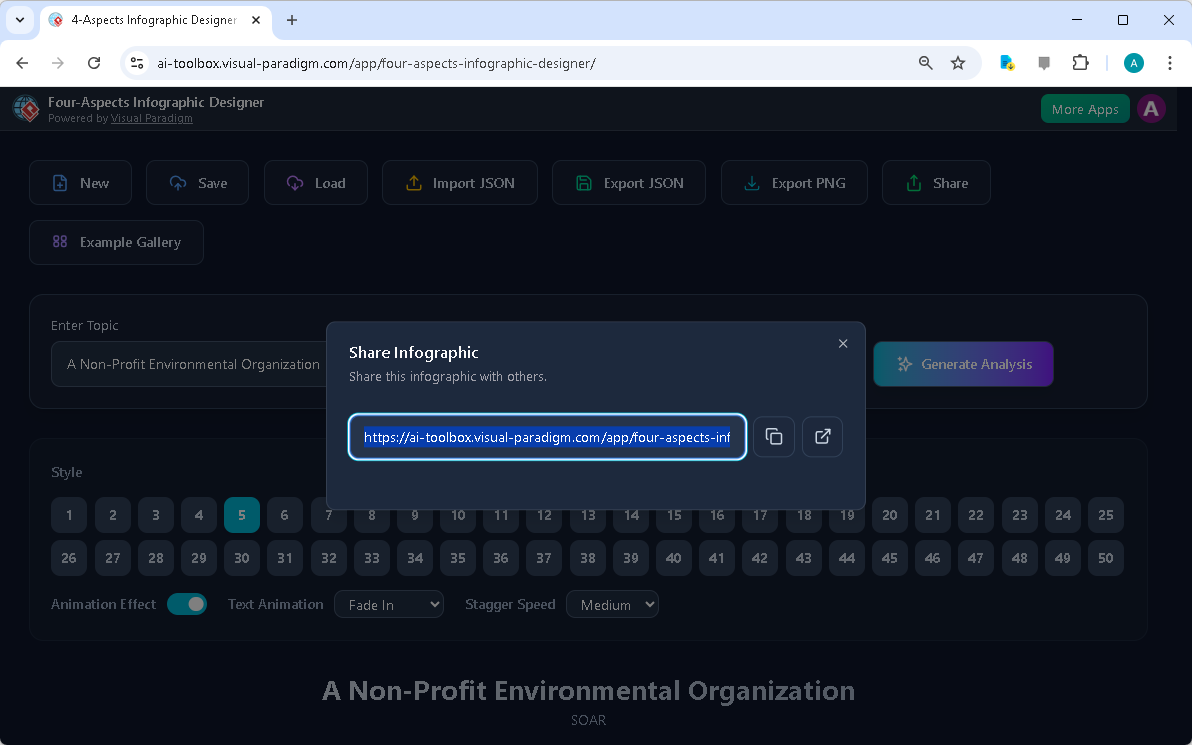 This is the screenshot of Visual Paradigm’s AI-Powered Four Aspects Infographic Designer. It shows the share screen - user ca