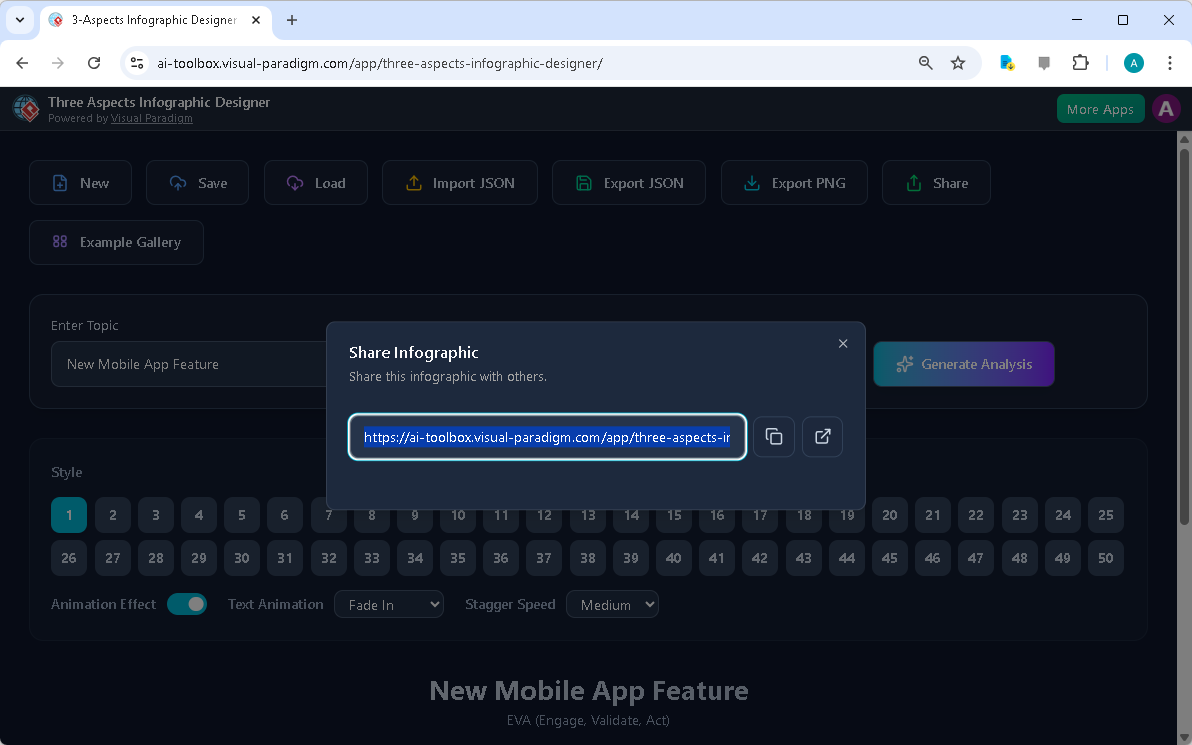 This is the screenshot of Visual Paradigm’s AI-Powered Three Aspects Infographic Designer. It shows the share screen - user c
