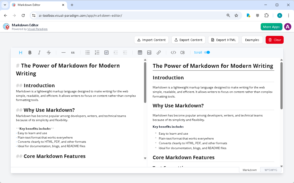This is a screenshot of Visual Paradigm's online markdown editor. - Professional online diagram maker tool