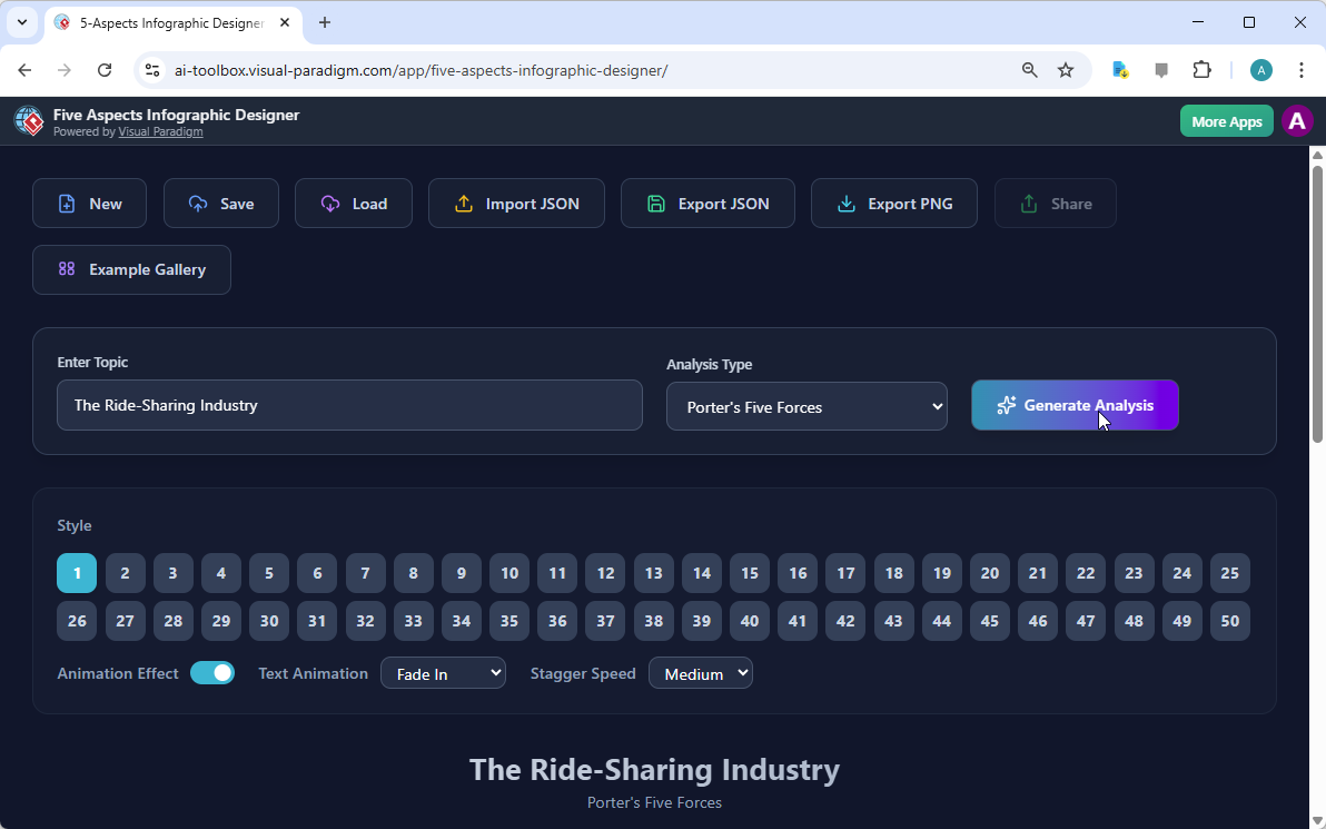 Visual Paradigm’s AI-Powered Five Aspects Infographic Designer's landing screen, where users begin by entering a brief descri