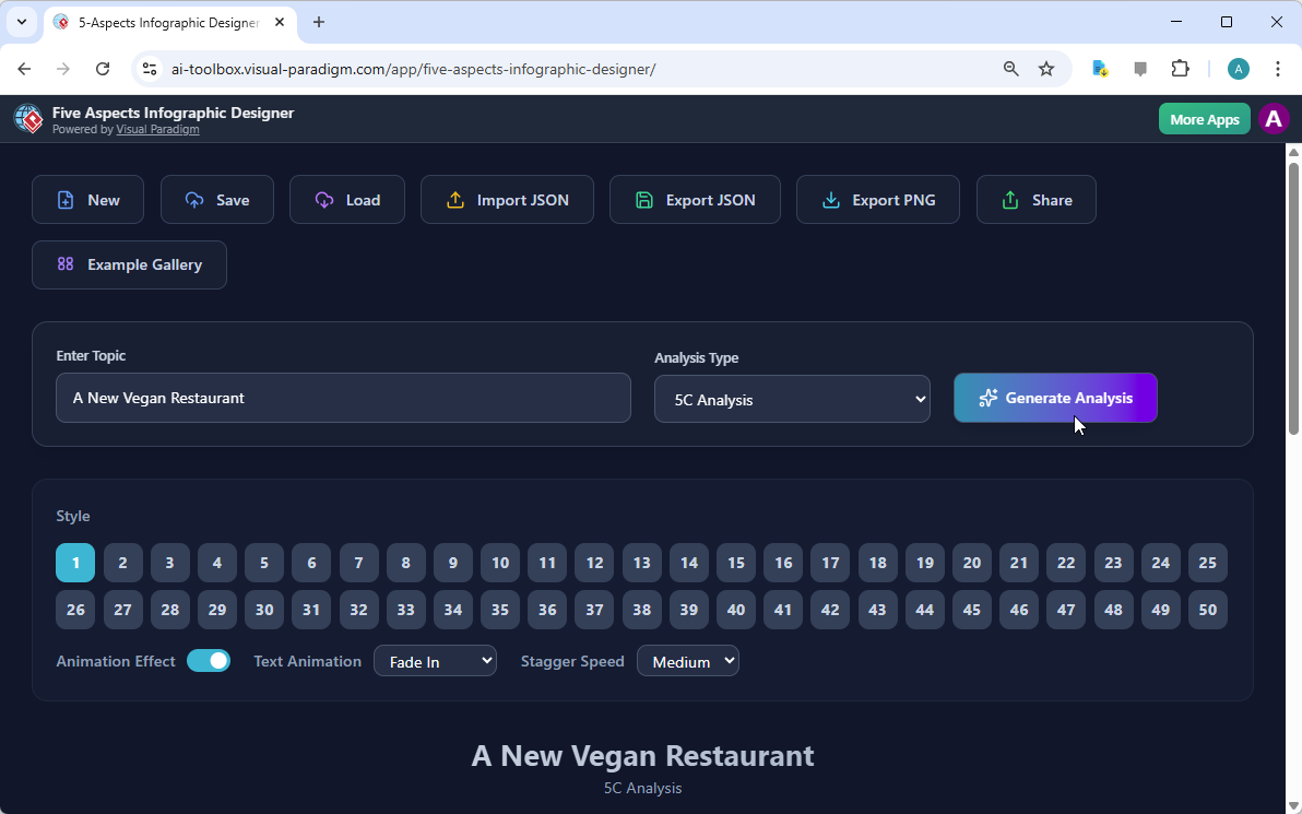 Visual Paradigm’s AI-Powered Five Aspects Infographic Designer's landing screen, where users begin by entering a brief descri