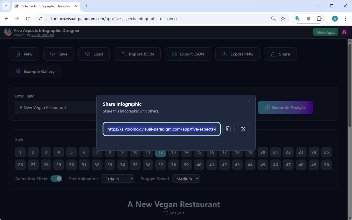 This is the screenshot of Visual Paradigm’s AI-Powered Five Aspects Infographic Designer. It shows the share screen - user ca