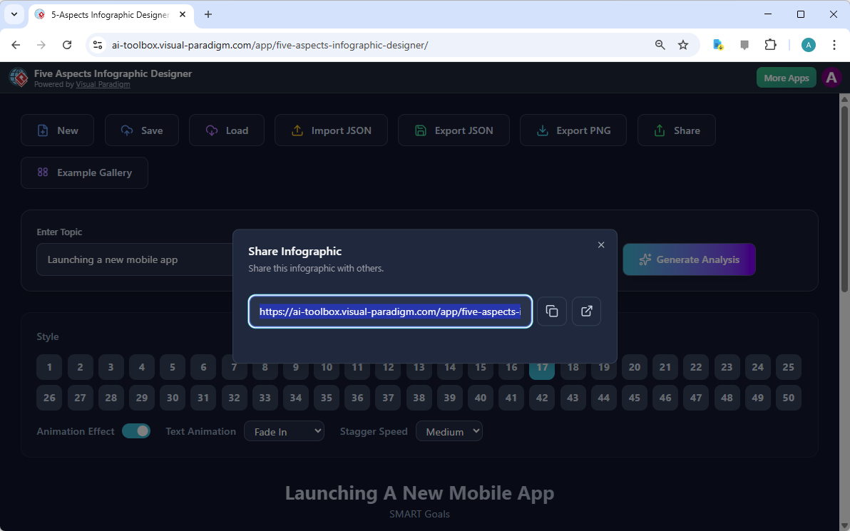 This is the screenshot of Visual Paradigm’s AI-Powered Five Aspects Infographic Designer. It shows the share screen - user ca