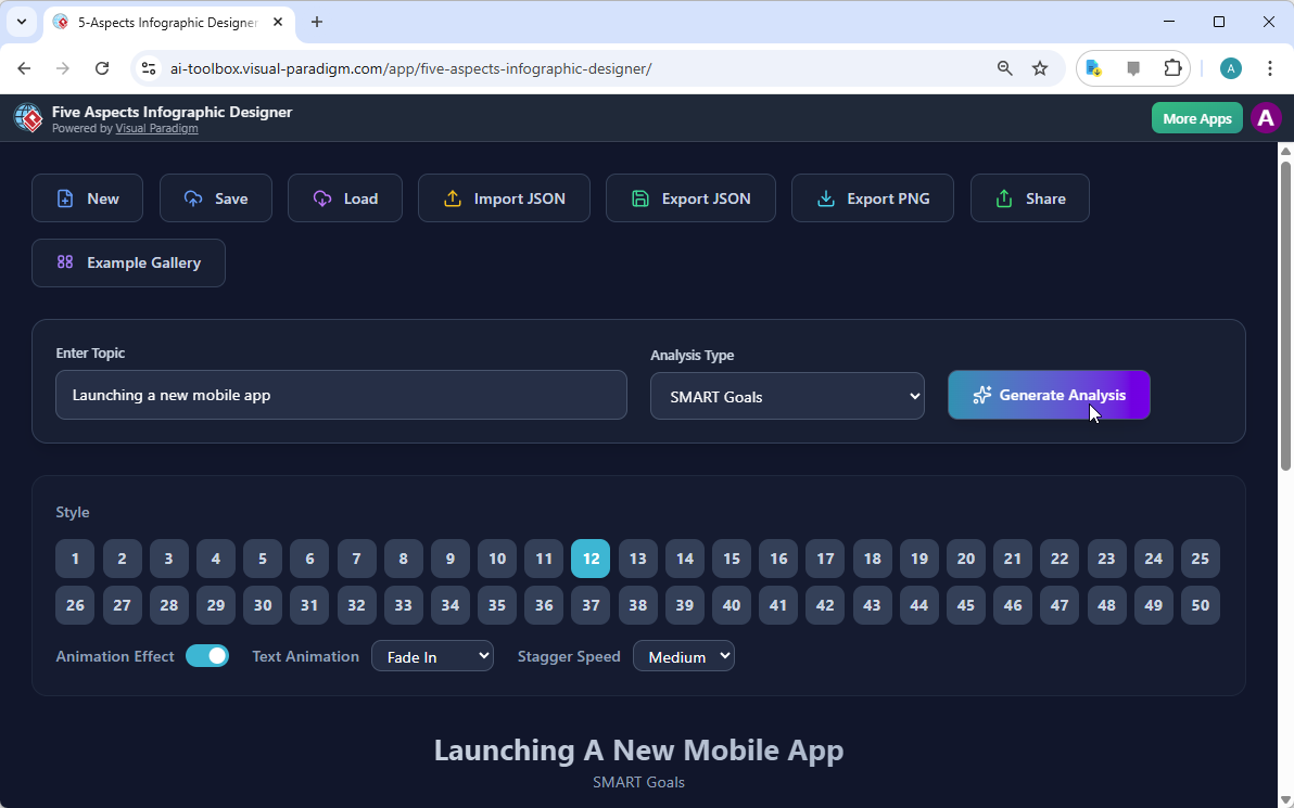 Visual Paradigm’s AI-Powered Five Aspects Infographic Designer's landing screen, where users begin by entering a brief descri