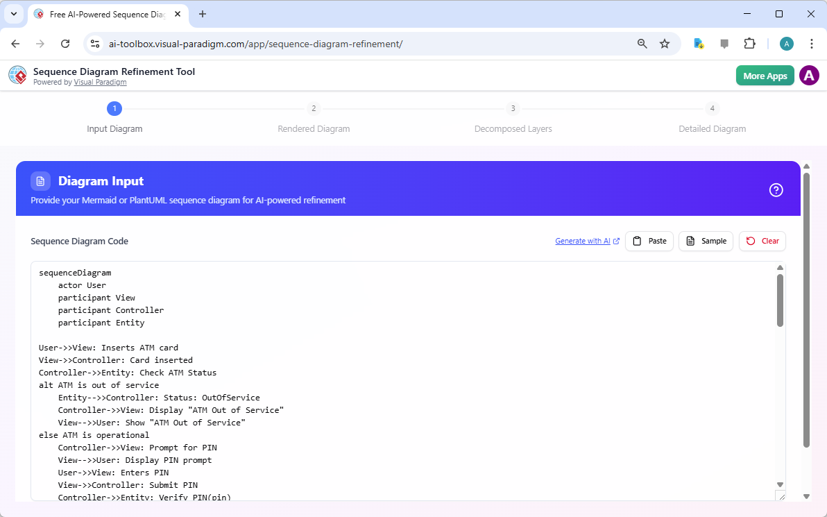 This is the screenshot of the step 1 of Visual Paradigm's Sequence Diagram Refinement Tool. - Professional online diagram mak