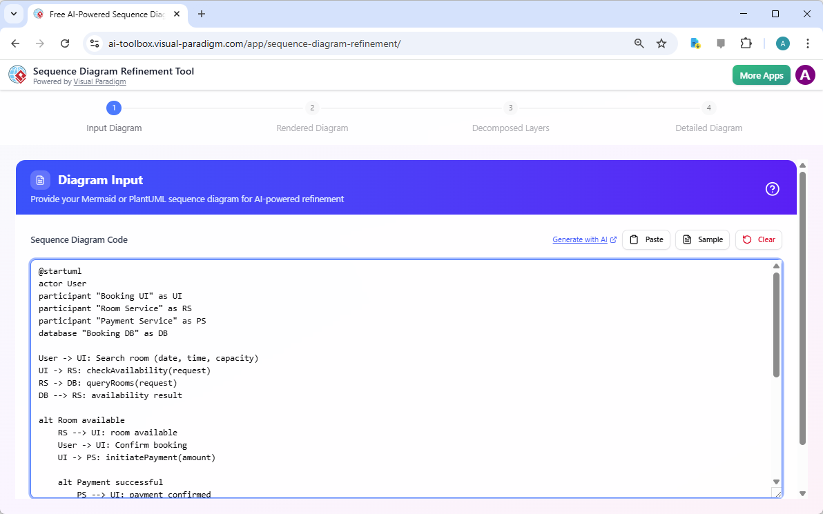 This is the screenshot of the step 1 of Visual Paradigm's Sequence Diagram Refinement Tool. We are using 