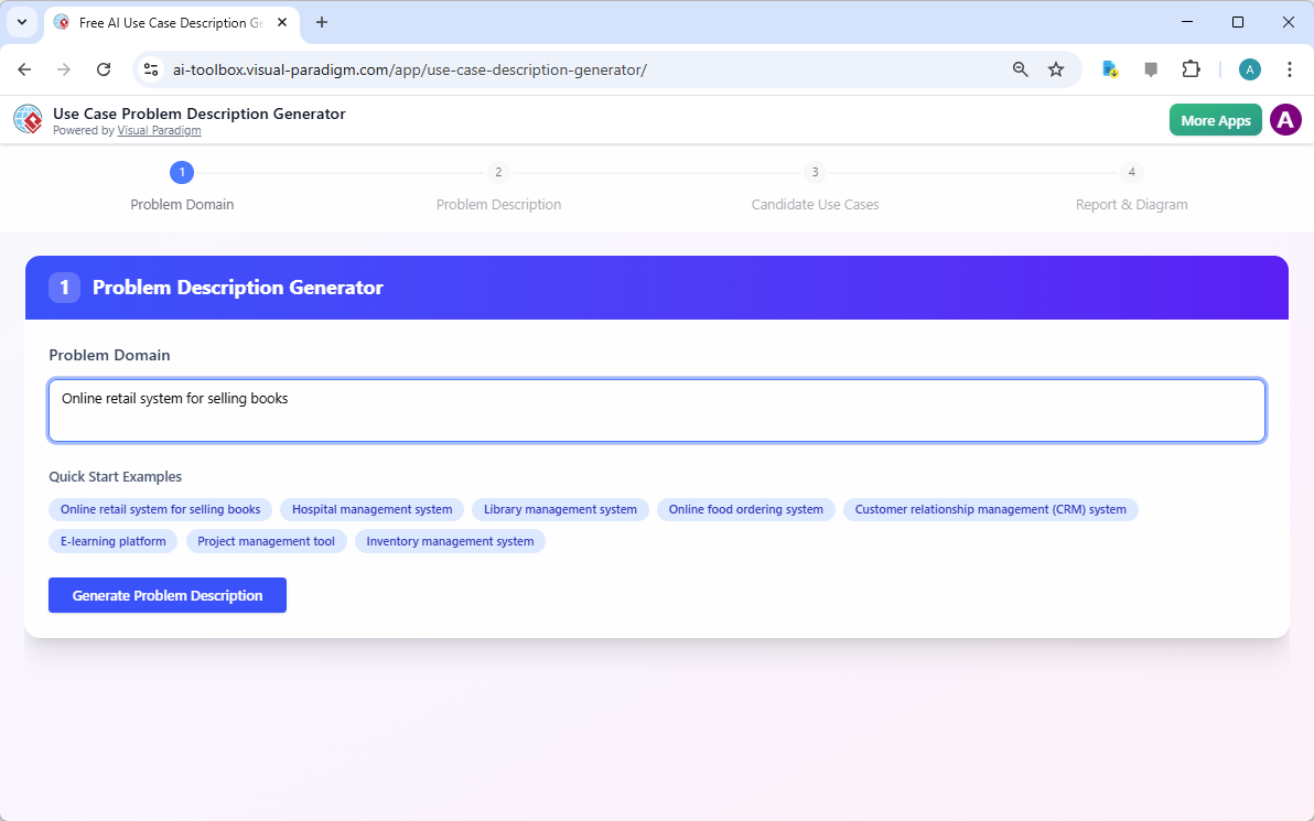 This is the screenshot of the step 1 of Visual Paradigm's AI-Powered use Case Description Generator. We are using 