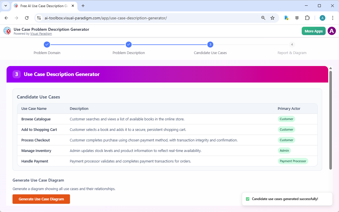 This is the screenshot of the step 3 of Visual Paradigm's AI-Powered use Case Description Generator. - Professional online di