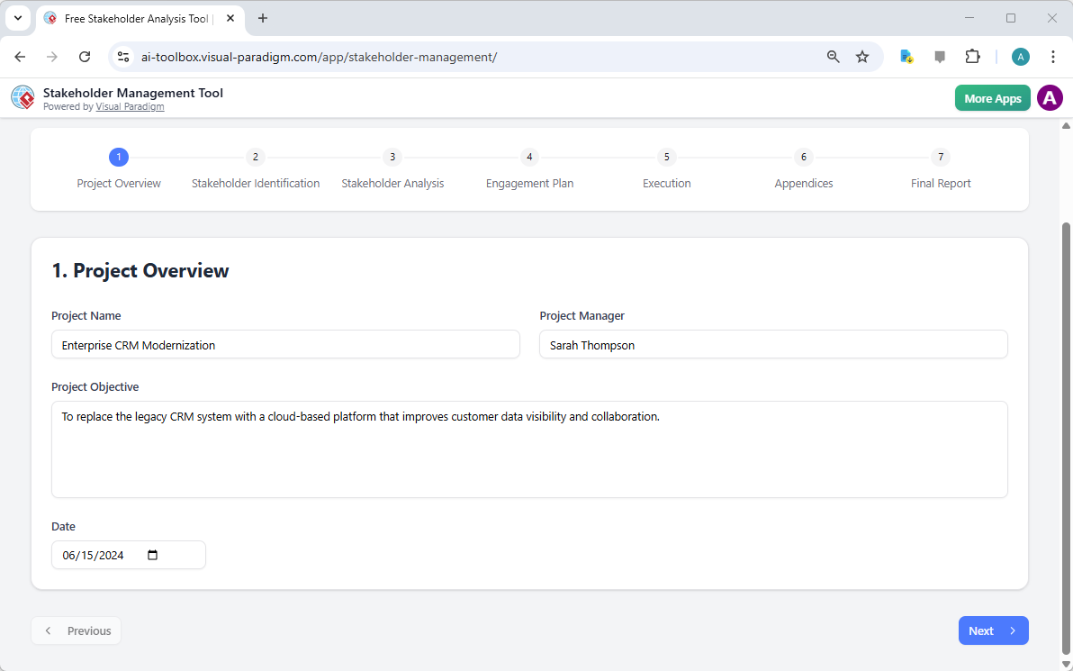 This is the screenshot of Visual Paradigm's AI-Powered Stakeholder Management Tool. The initial data is generated by AI and i