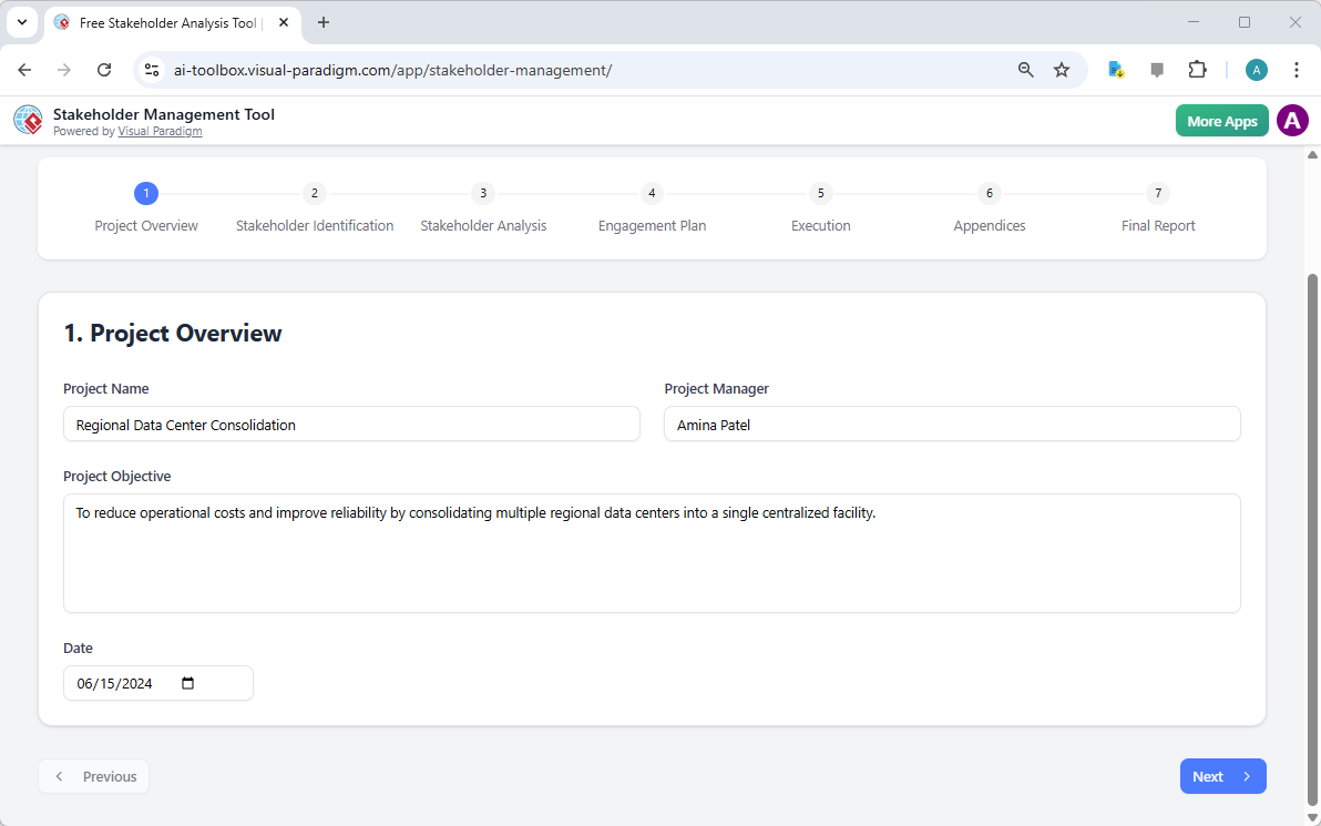 This is the screenshot of Visual Paradigm's AI-Powered Stakeholder Management Tool. The initial data is generated by AI and i