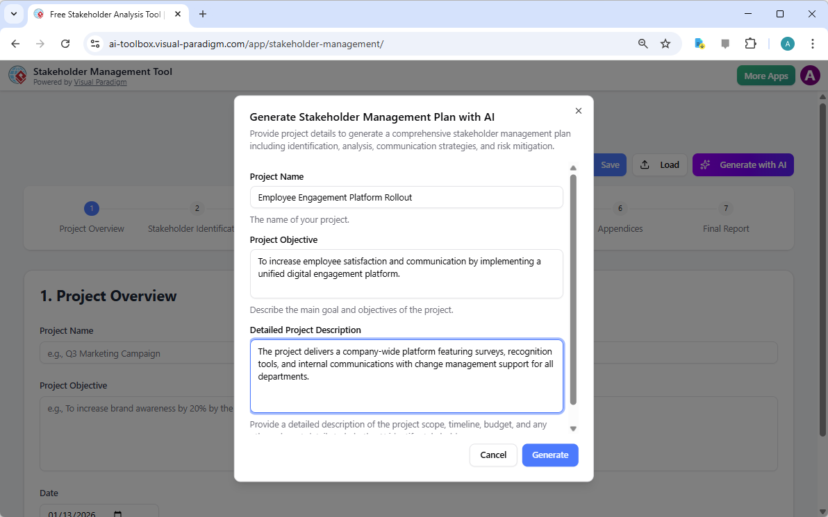 This is the screenshot of Visual Paradigm's AI-Powered Stakeholder Management Tool. It is now at AI generation screen, where